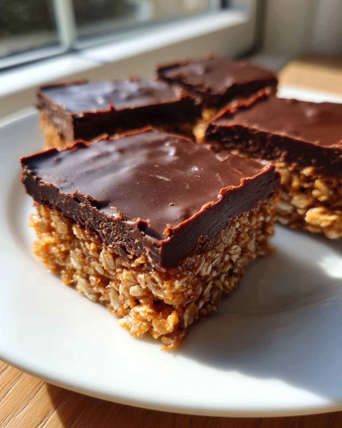 A close-up of several No-Bake Chocolate Peanut Butter Oat Bars with a thick chocolate topping on a white plate.