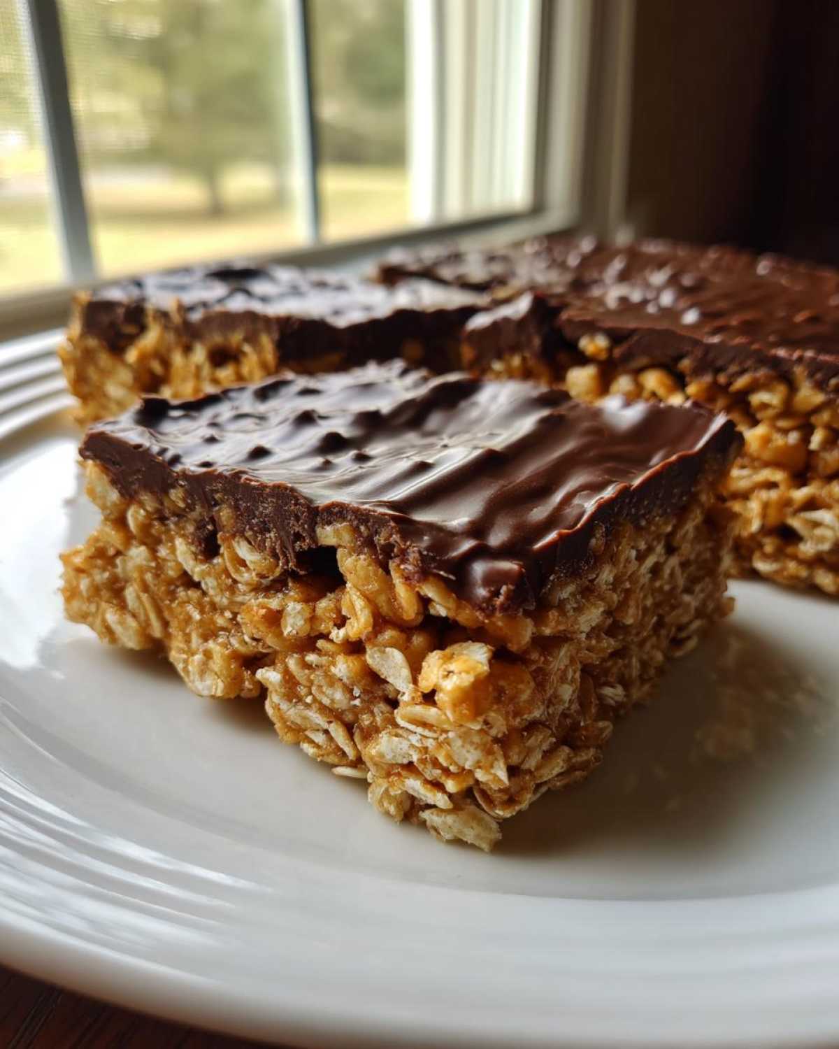A thick square of No-Bake Chocolate Peanut Butter Oat Bars showing the textured oat base and shiny chocolate topping.