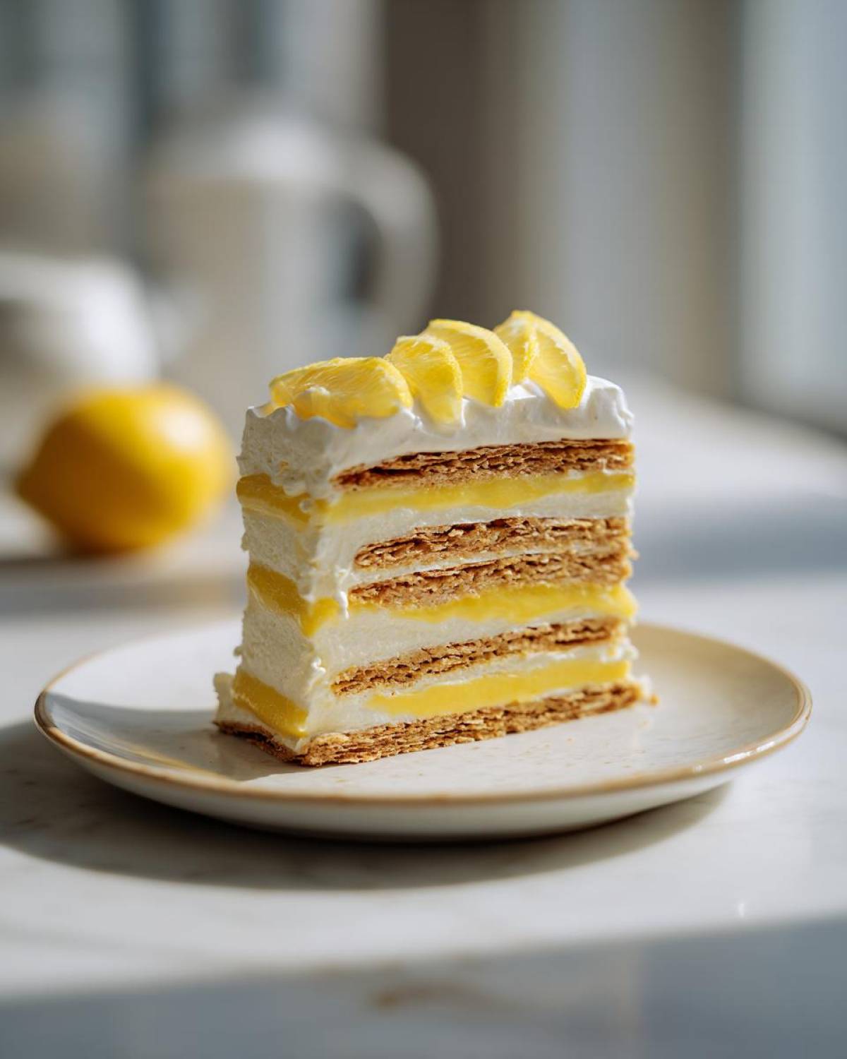 A tall slice of No-Bake Lemon Icebox Cake layered with graham crackers, lemon curd, and whipped cream, topped with lemon slices.