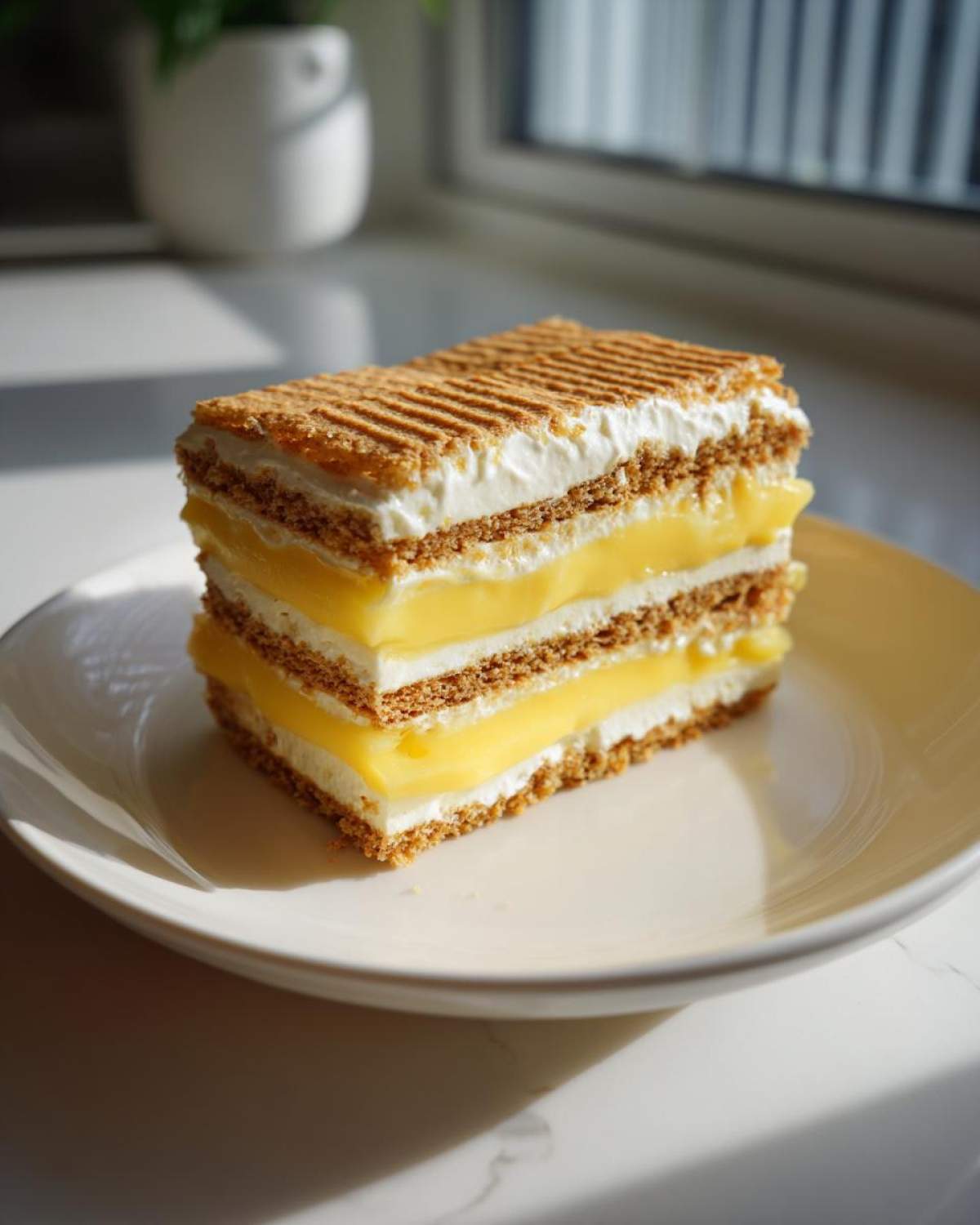 A layered slice of No-Bake Lemon Icebox Cake featuring graham crackers, bright yellow lemon filling, and white cream.