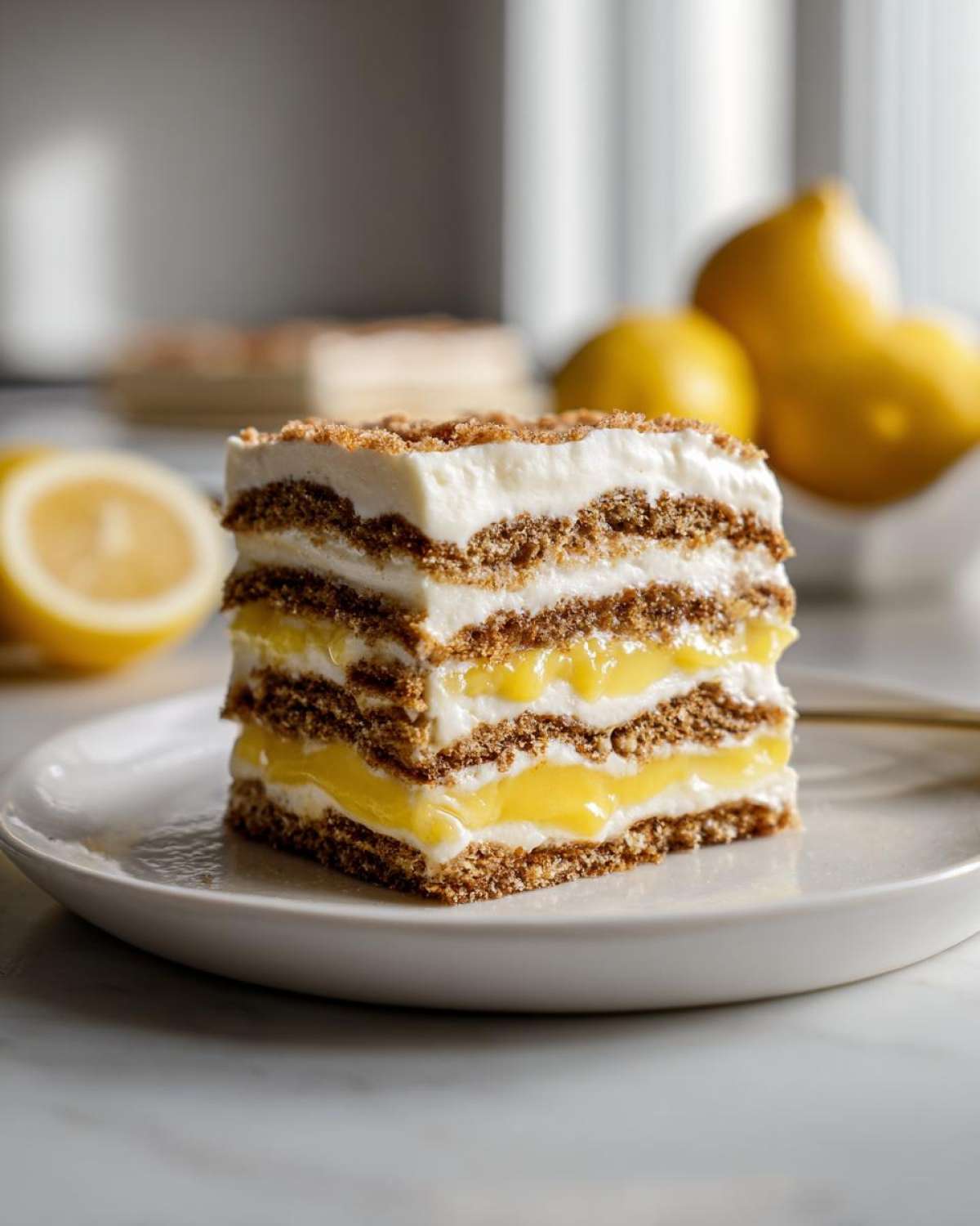 A perfect square slice of No-Bake Lemon Icebox Cake showing layers of graham crackers, cream, and bright yellow lemon filling.