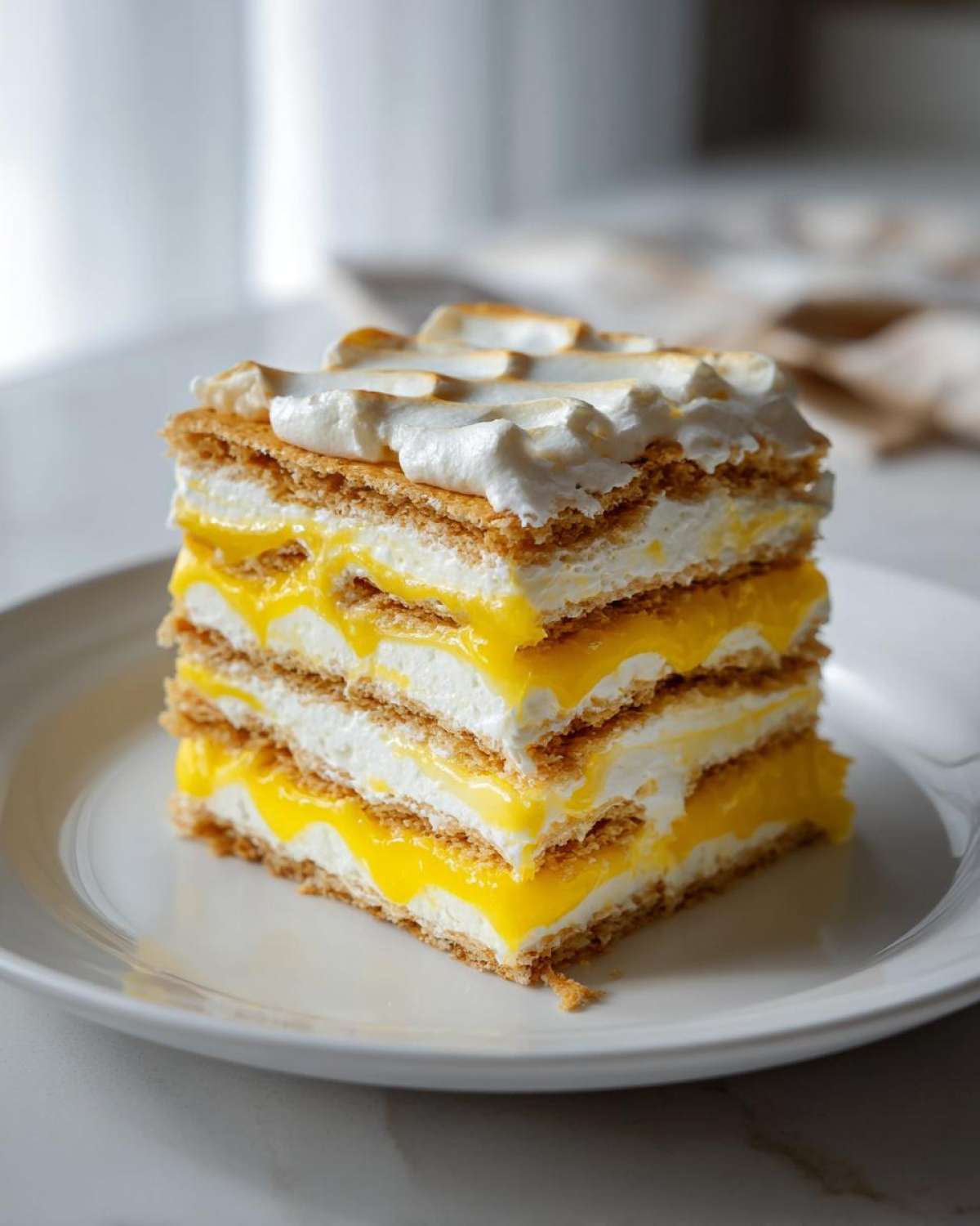 A tall, layered slice of No-Bake Lemon Icebox Cake featuring graham crackers, cream, and bright yellow lemon filling, topped with toasted meringue.