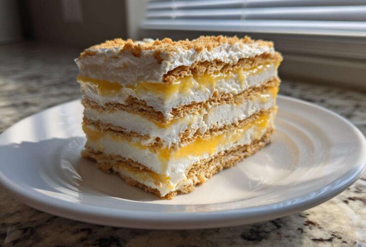 A layered slice of No-Bake Lemon Icebox Cake featuring graham crackers, lemon filling, and whipped topping.
