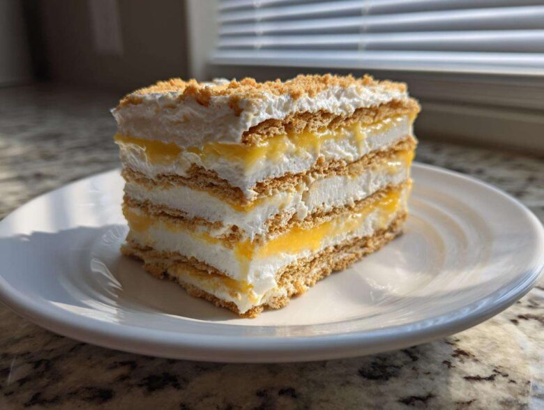 A layered slice of No-Bake Lemon Icebox Cake featuring graham crackers, lemon filling, and whipped topping.