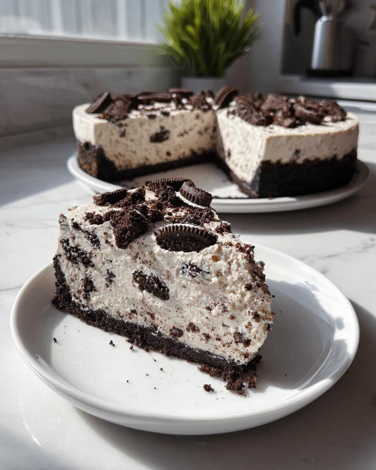 A generous slice of No-Bake Oreo Cheesecake with a dark crust and creamy filling, topped with cookie pieces.