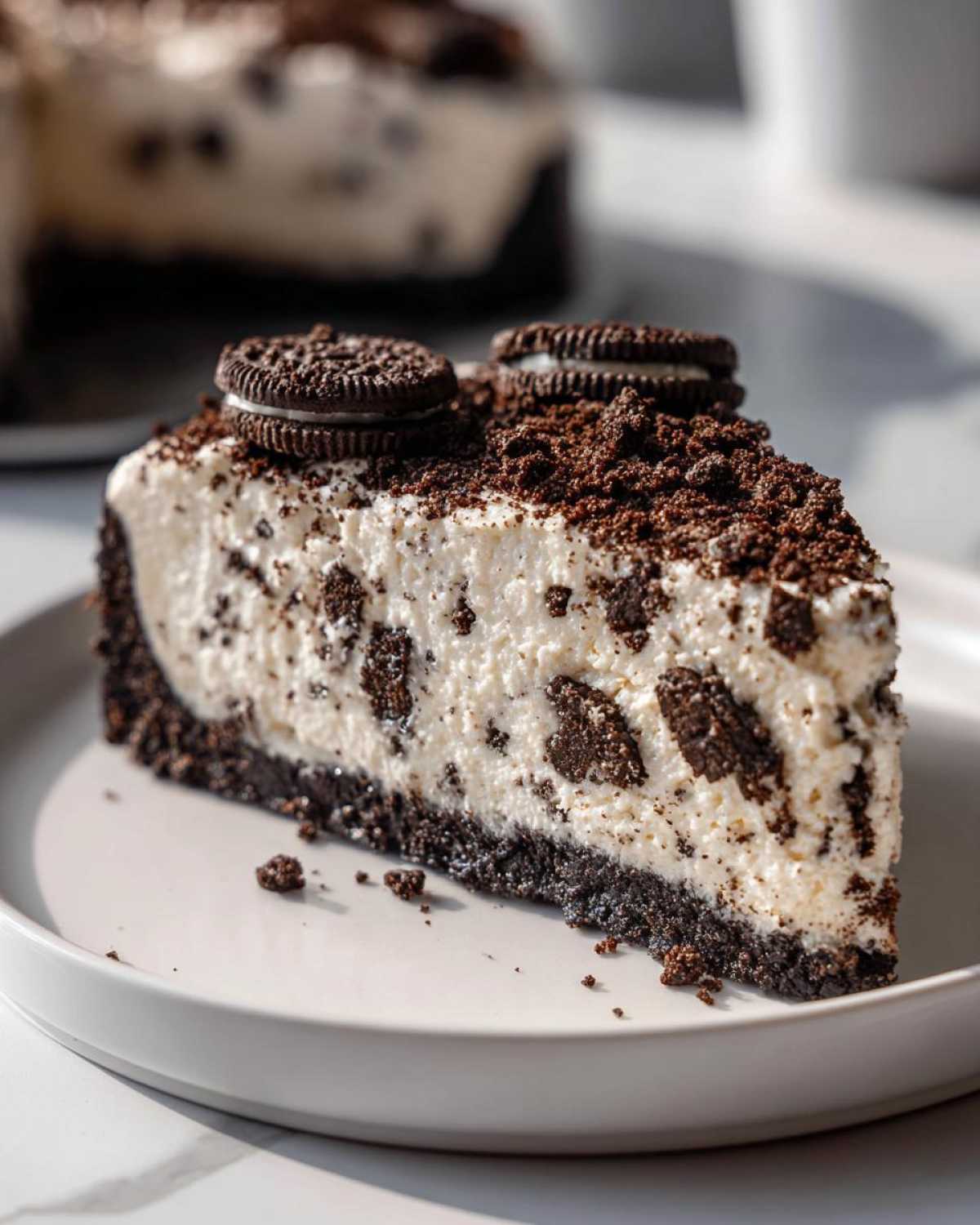 A perfect slice of No-Bake Oreo Cheesecake featuring a thick Oreo crust and creamy filling studded with cookie pieces.