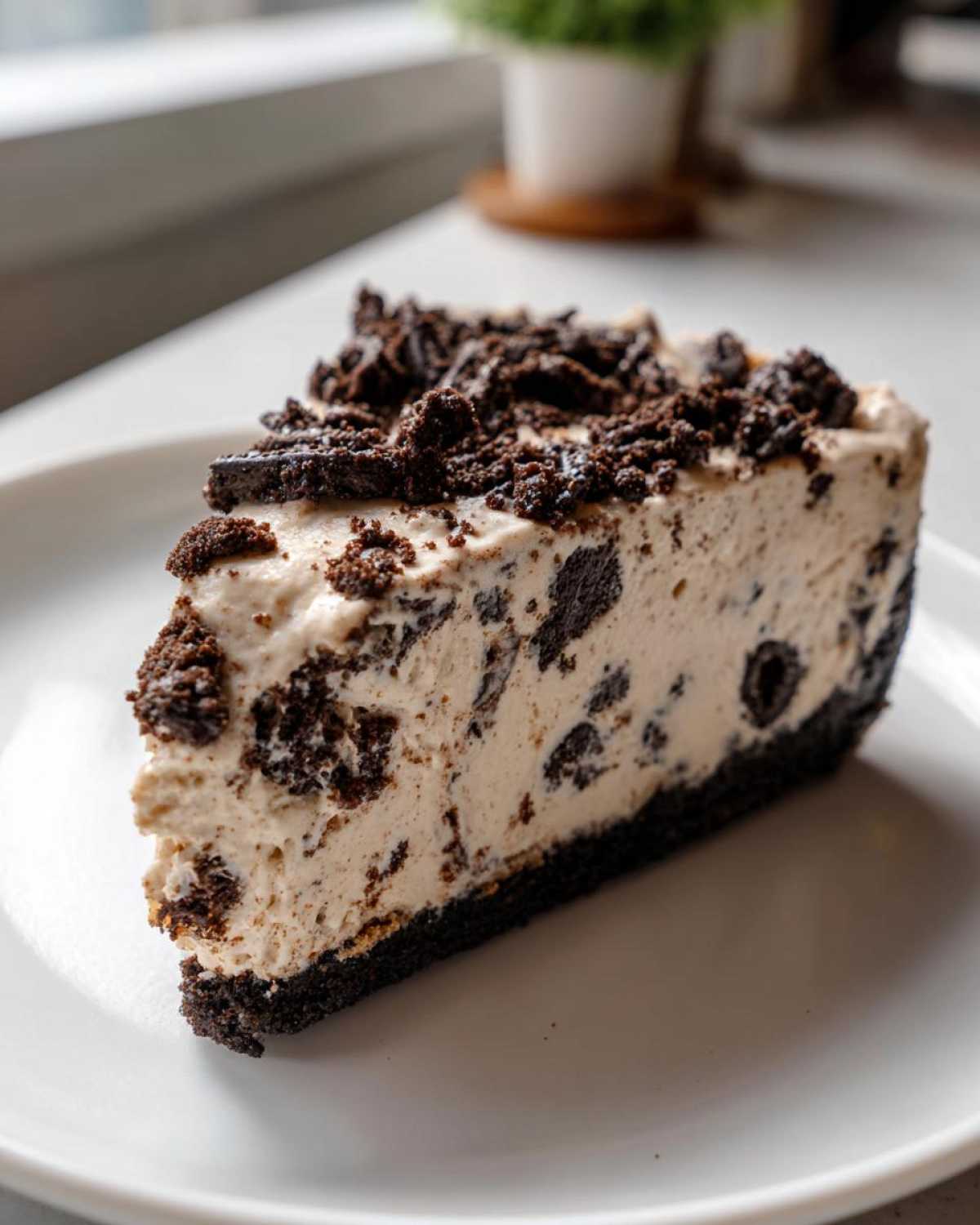 A close-up slice of rich No-Bake Oreo Cheesecake with a dark cookie crust and crumbled topping.