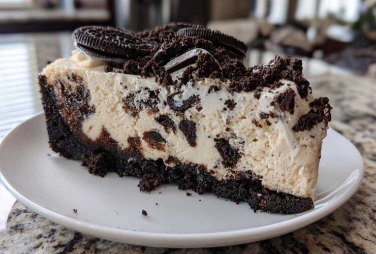 A generous slice of No-Bake Oreo Cheesecake featuring a thick Oreo crust and creamy filling loaded with cookie pieces.