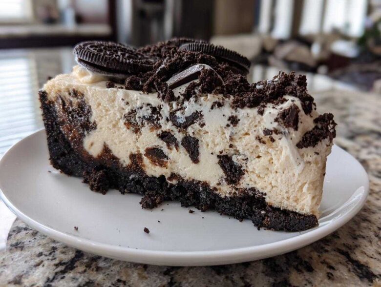 A generous slice of No-Bake Oreo Cheesecake featuring a thick Oreo crust and creamy filling loaded with cookie pieces.