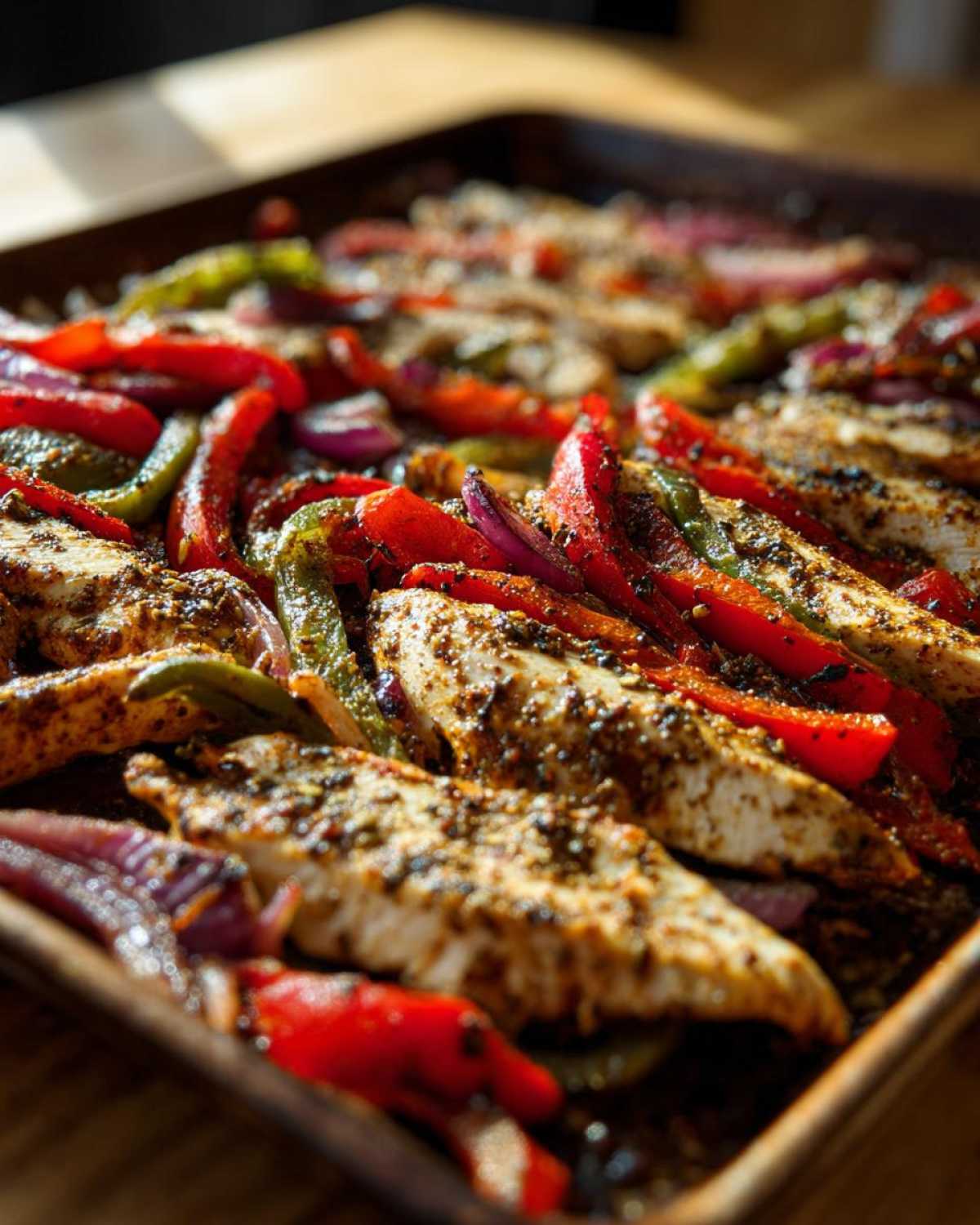 Close-up of seasoned chicken strips and sliced peppers and onions on a baking sheet for One-Pan Chicken Fajitas.