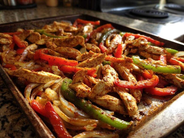 Close-up of seasoned chicken strips, red bell peppers, green bell peppers, and onions cooked together on a sheet pan for One-Pan Chicken Fajitas with Peppers and Onions.