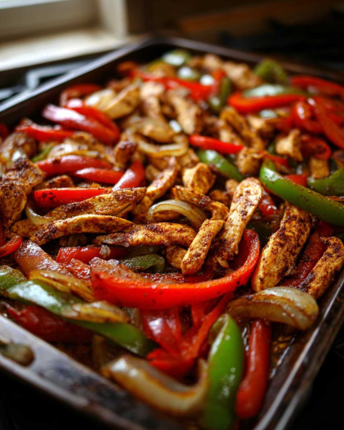 Close-up of seasoned chicken strips mixed with vibrant red and green bell peppers and onions on a dark baking sheet for One-Pan Chicken Fajitas.