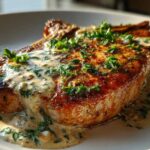 Close-up of a perfectly seared One-Pan Creamy Garlic Pork Chop smothered in garlic cream sauce and fresh parsley.