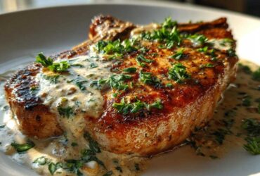 Close-up of a perfectly seared One-Pan Creamy Garlic Pork Chop smothered in garlic cream sauce and fresh parsley.