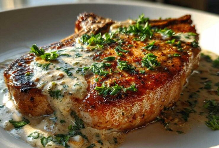 Close-up of a perfectly seared One-Pan Creamy Garlic Pork Chop smothered in garlic cream sauce and fresh parsley.