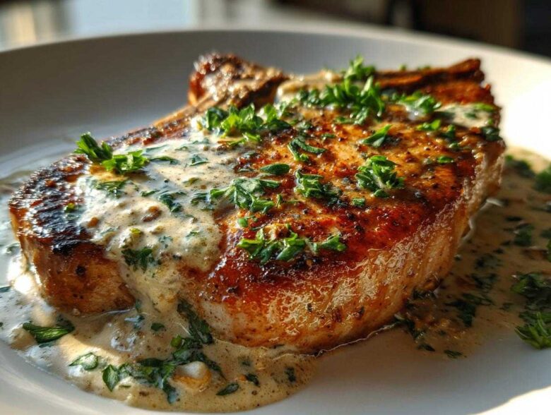 Close-up of a perfectly seared One-Pan Creamy Garlic Pork Chop smothered in garlic cream sauce and fresh parsley.