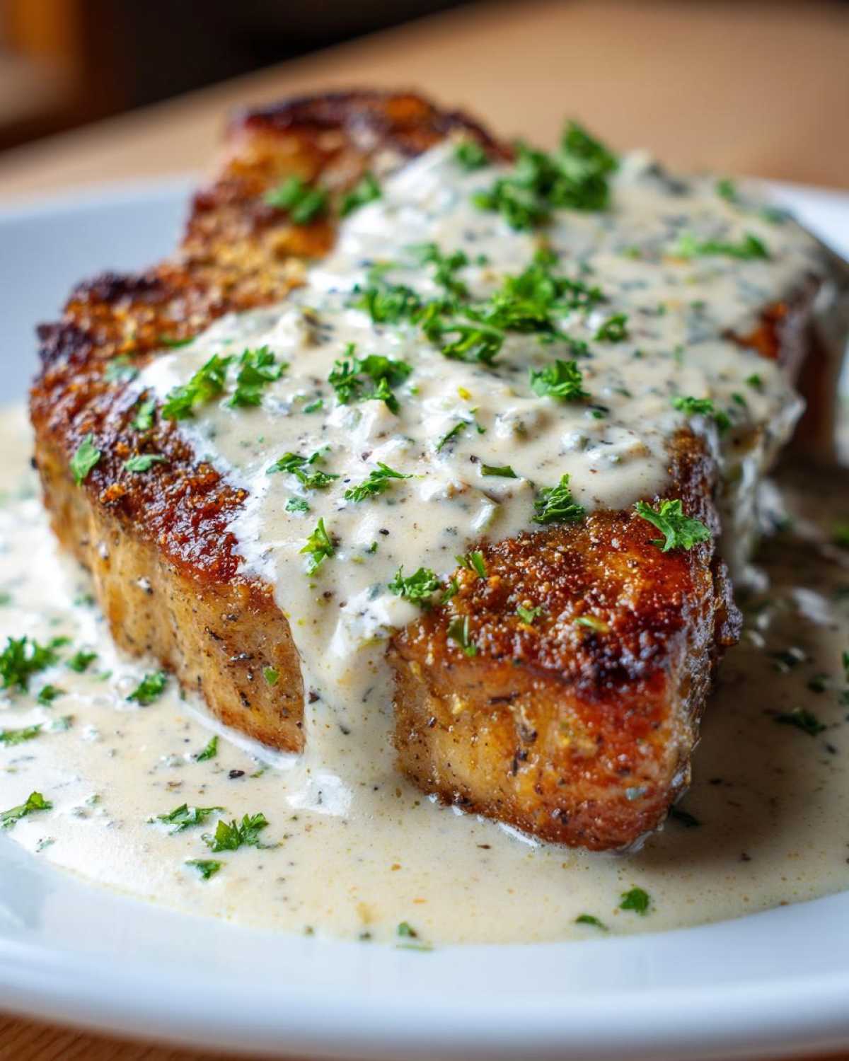 A thick, seared pork chop smothered in creamy garlic sauce and topped with fresh parsley, representing One-Pan Creamy Garlic Pork Chops.
