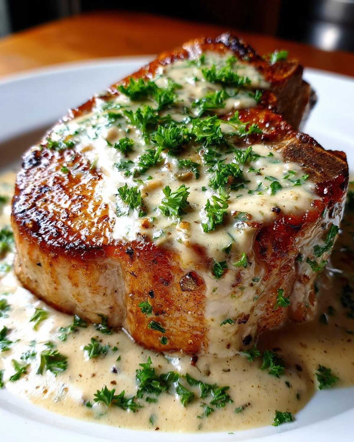 Close-up of two seared One-Pan Creamy Garlic Pork Chops smothered in rich sauce and fresh parsley.