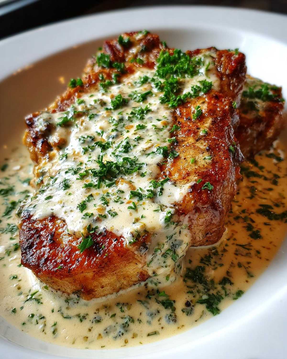 Close-up of seared One-Pan Creamy Garlic Pork Chops smothered in garlic cream sauce and fresh parsley.