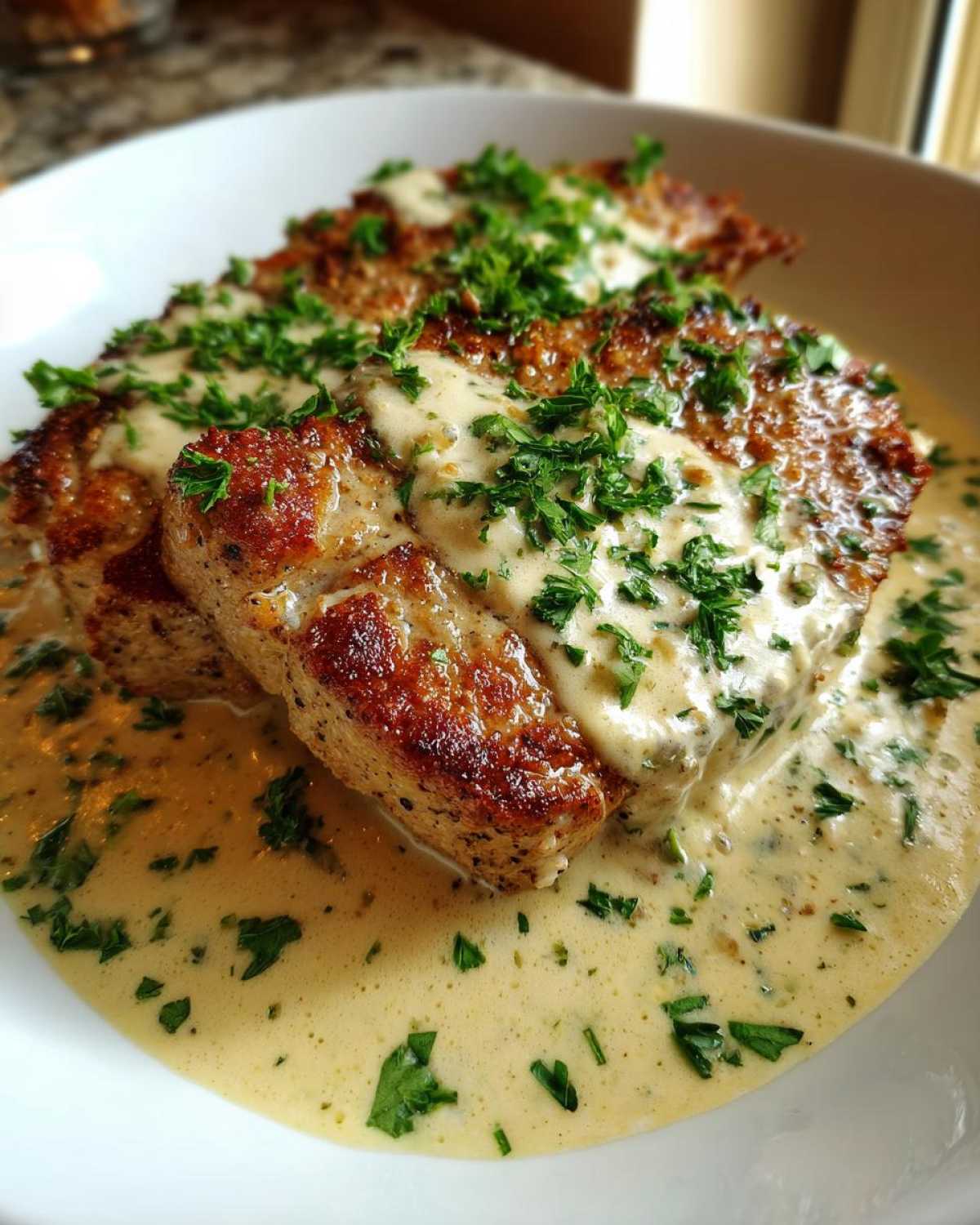 Three seared pork chops smothered in a rich, creamy garlic sauce and topped with fresh parsley.