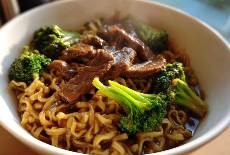 A close-up of One-Pot Beef and Broccoli Ramen Noodles in a white bowl with savory sauce.