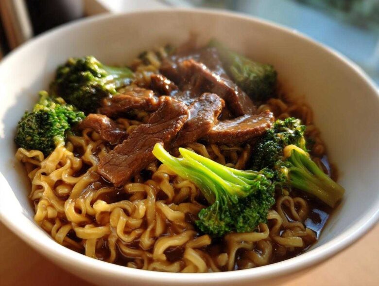 A close-up of One-Pot Beef and Broccoli Ramen Noodles in a white bowl with savory sauce.