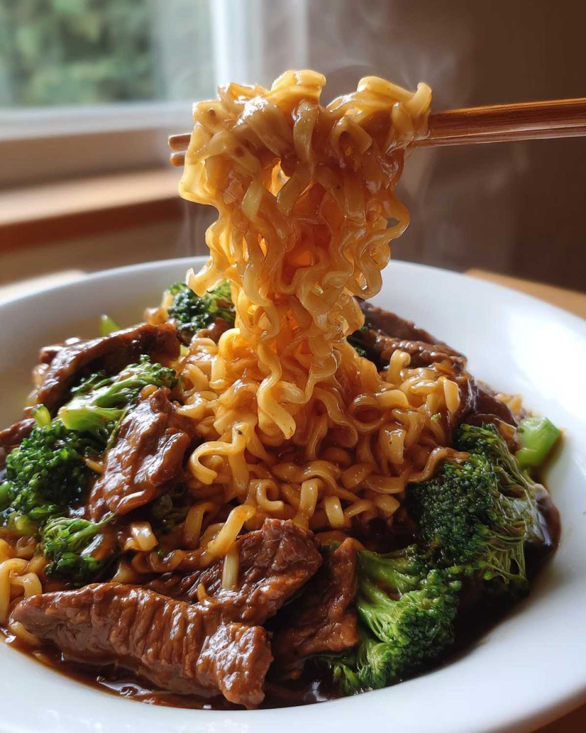 Close-up of steaming One-Pot Beef and Broccoli Ramen Noodles being lifted from a white bowl with chopsticks.