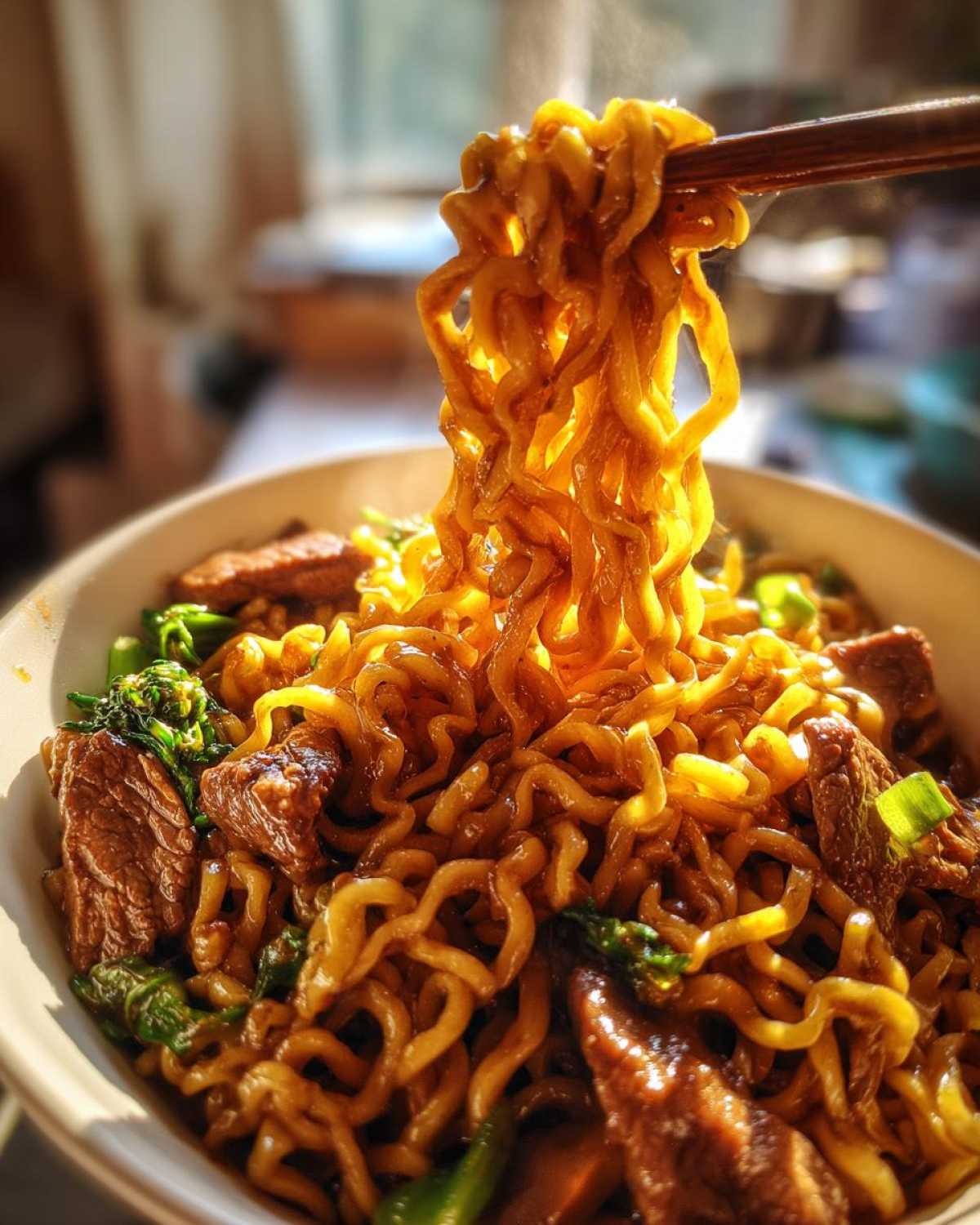 Close-up of steaming noodles being lifted by chopsticks from a bowl of One-Pot Beef and Broccoli Ramen Noodles.