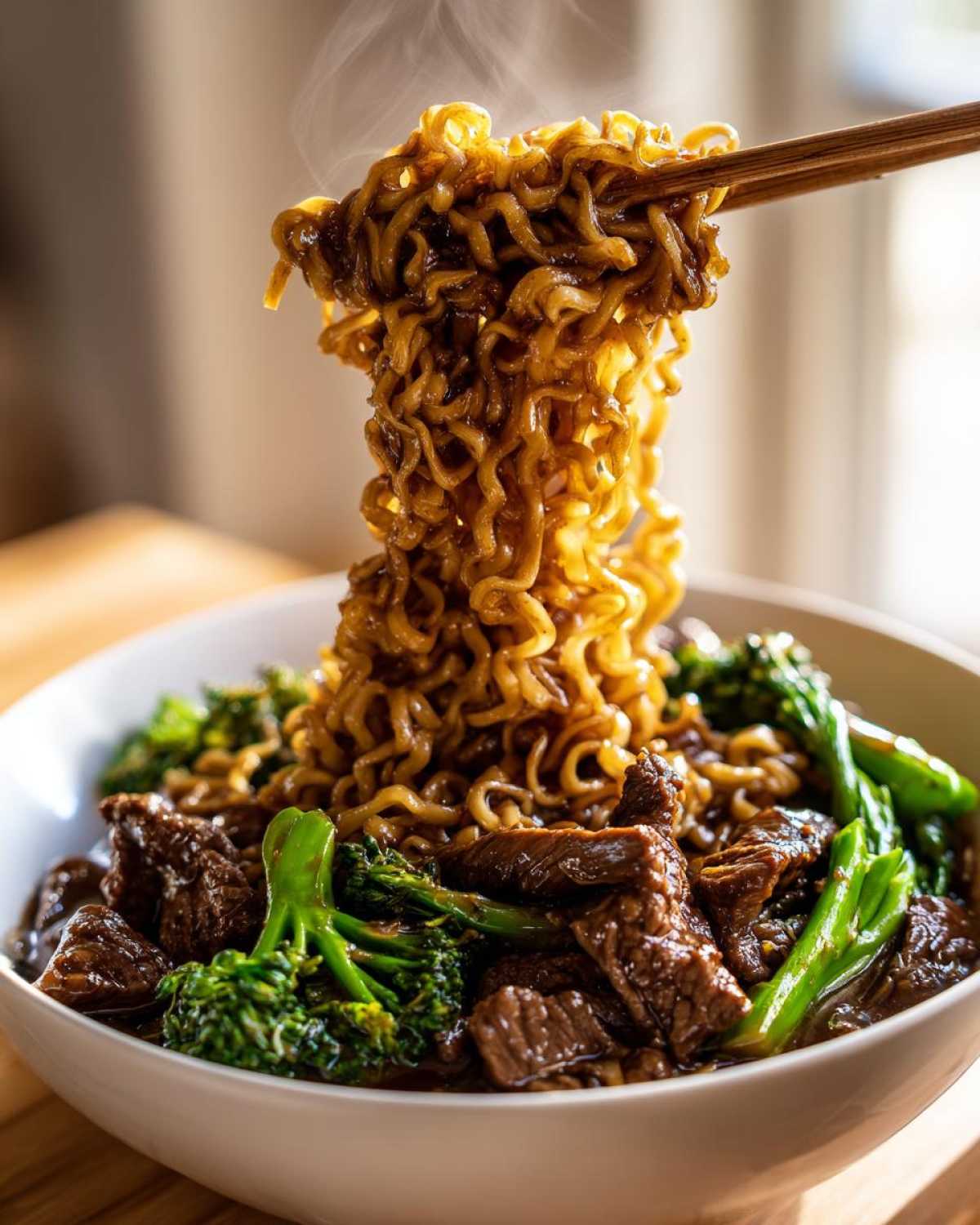 Chopsticks lifting steaming noodles from a bowl of One-Pot Beef and Broccoli Ramen Noodles with beef chunks and bright green broccoli.