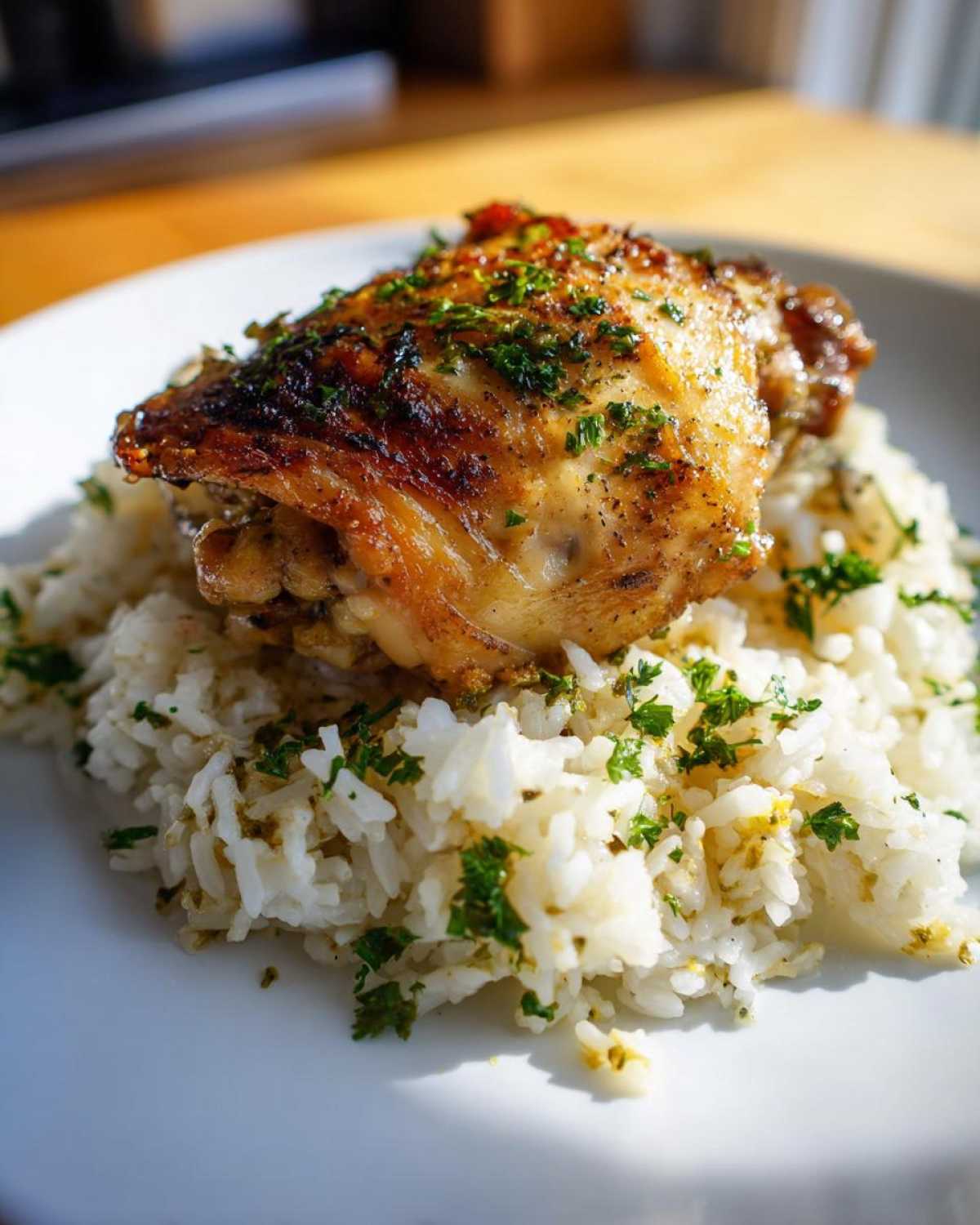 A perfectly cooked chicken thigh with crispy skin served over fluffy white rice, garnished with herbs for One-Pot Chicken and Rice with Lemon and Herbs.