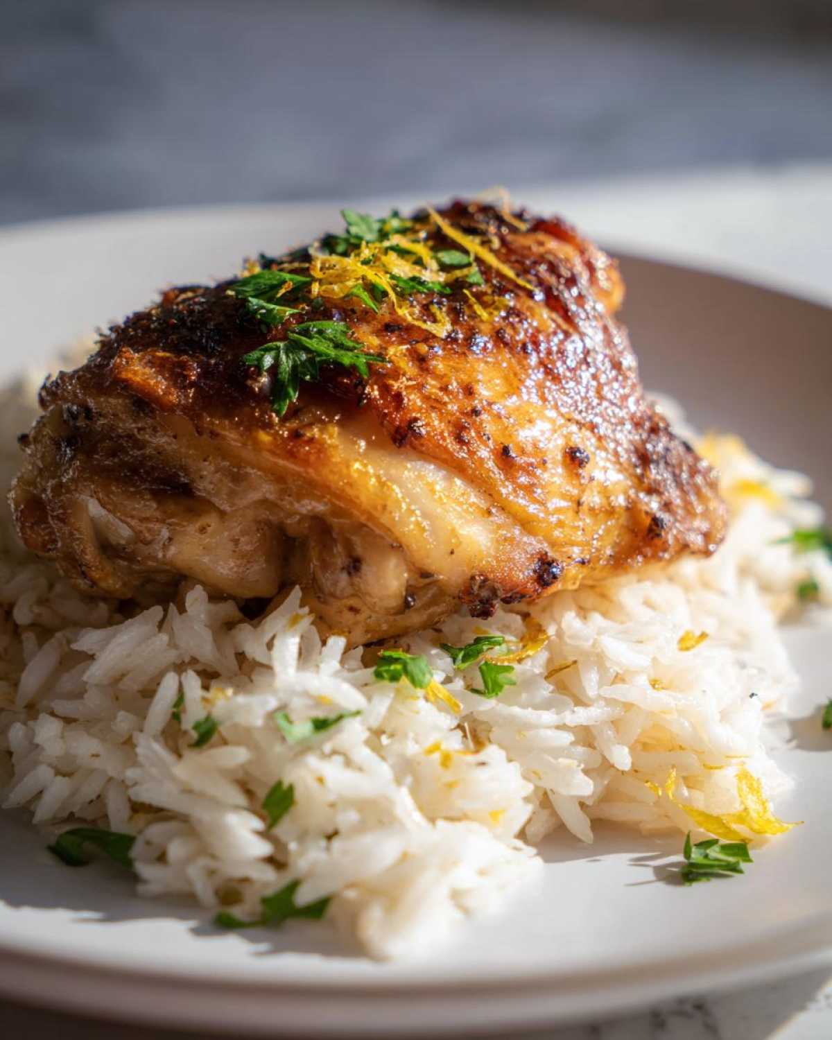 Close-up of a crispy chicken thigh served over fluffy white rice, garnished with lemon zest and parsley for One-Pot Chicken and Rice with Lemon and Herbs.