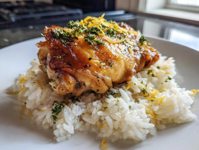 A perfectly cooked piece of chicken served over white rice, garnished with lemon zest and fresh herbs for One-Pot Chicken and Rice with Lemon and Herbs.