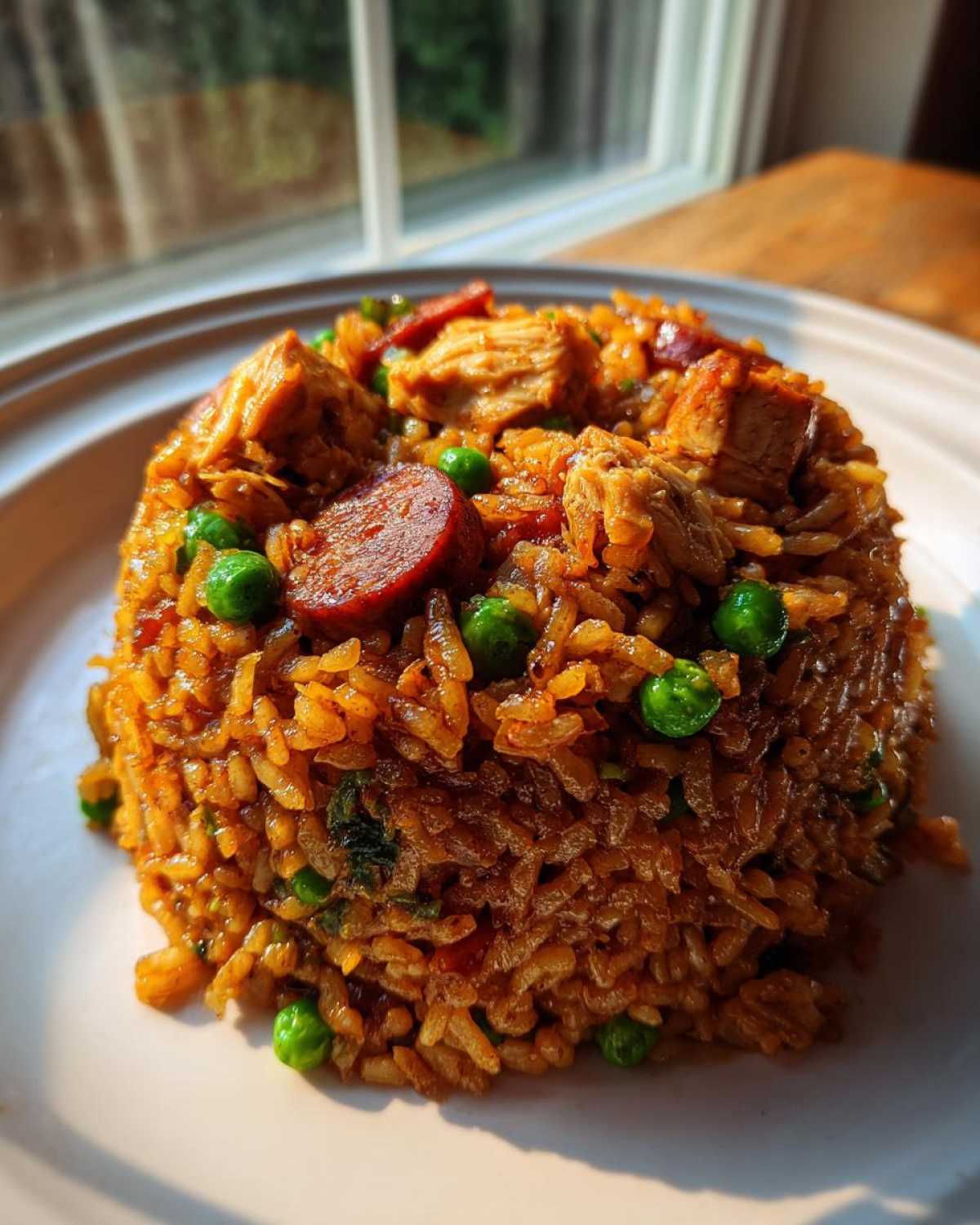 A mound of rich, seasoned One-Pot Chicken Jambalaya featuring rice, chicken chunks, green peas, and a slice of andouille sausage.