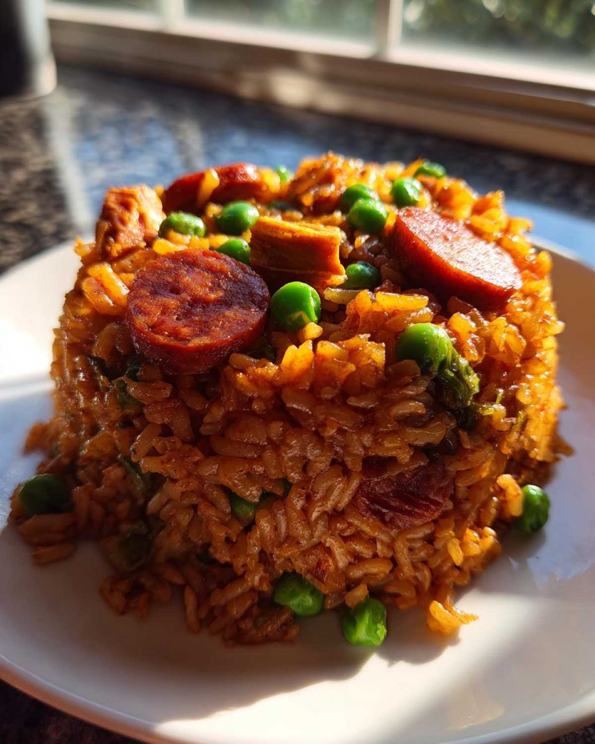 A molded serving of One-Pot Chicken Jambalaya featuring rice, bright green peas, and slices of dark red sausage.