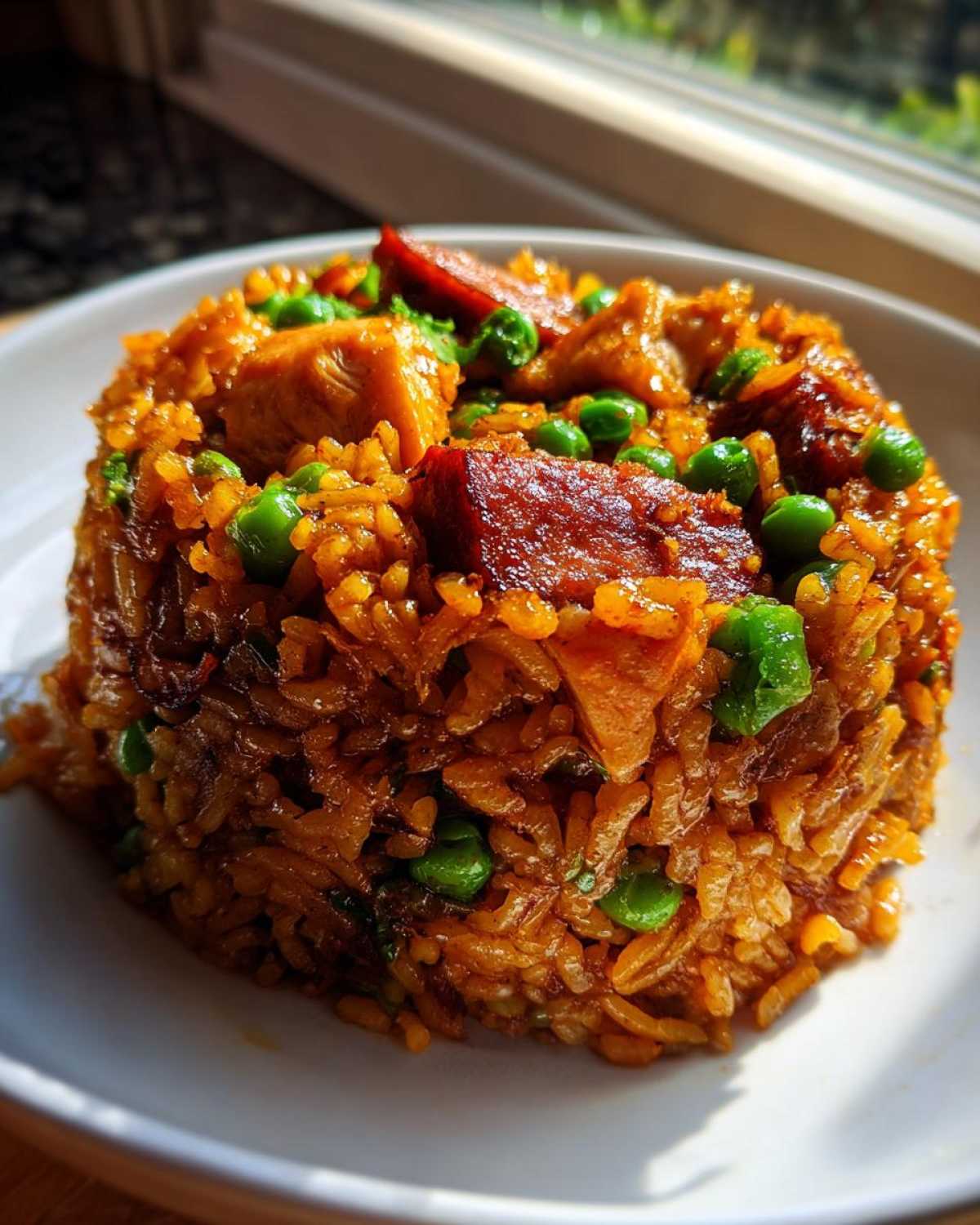 A molded serving of rich, orange-brown One-Pot Chicken Jambalaya mixed with chicken pieces and bright green peas.