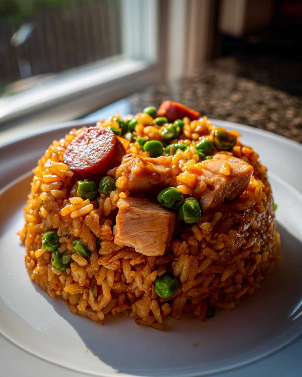 A molded serving of rich, orange-colored One-Pot Chicken Jambalaya topped with chunks of chicken, peas, and sliced sausage.
