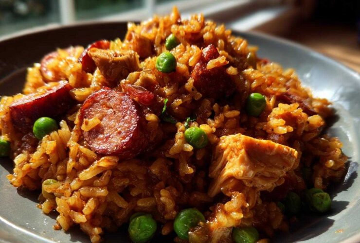 A close-up, sunlit serving of One-Pot Chicken Jambalaya featuring rice, sliced sausage, chicken pieces, and bright green peas.
