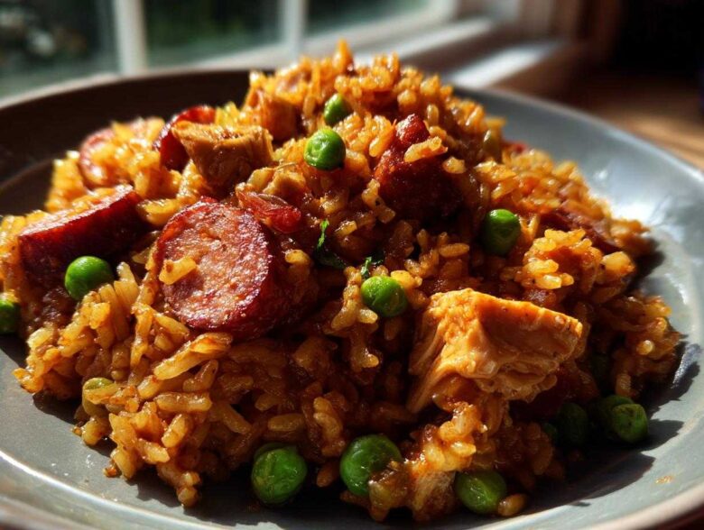 A close-up, sunlit serving of One-Pot Chicken Jambalaya featuring rice, sliced sausage, chicken pieces, and bright green peas.