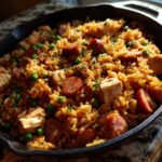 A close-up view of savory One-Pot Chicken Jambalaya cooked with rice, sausage, chicken chunks, and green peas in a cast iron skillet.
