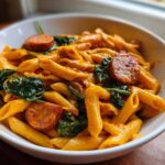 Close-up of One-Pot Creamy Cajun Sausage Pasta with penne, sausage slices, and wilted spinach in a white bowl.