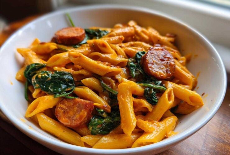 Close-up of One-Pot Creamy Cajun Sausage Pasta with penne, sausage slices, and wilted spinach in a white bowl.