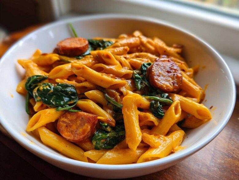 Close-up of One-Pot Creamy Cajun Sausage Pasta with penne, sausage slices, and wilted spinach in a white bowl.