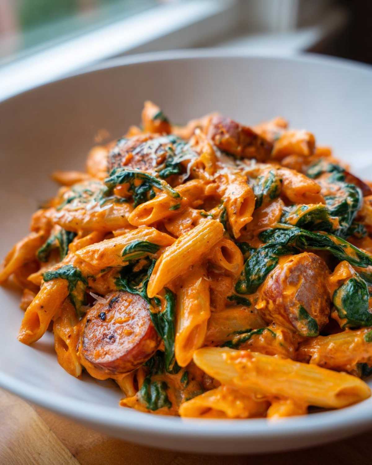 A close-up of One-Pot Creamy Cajun Sausage Pasta featuring penne, smoked sausage, and spinach in a rich sauce.
