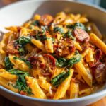 A close-up of One-Pot Creamy Cajun Sausage Pasta featuring penne, sliced sausage, and spinach in a rich sauce.