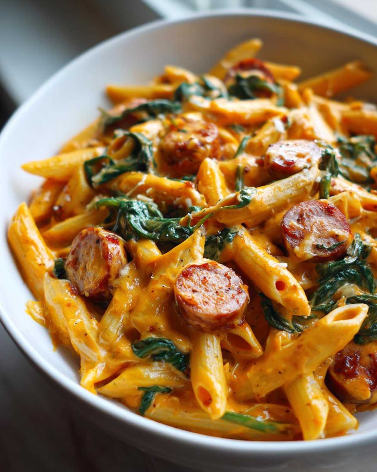 A close-up shot of One-Pot Creamy Cajun Sausage Pasta featuring penne, sliced sausage, and spinach in a rich orange sauce.