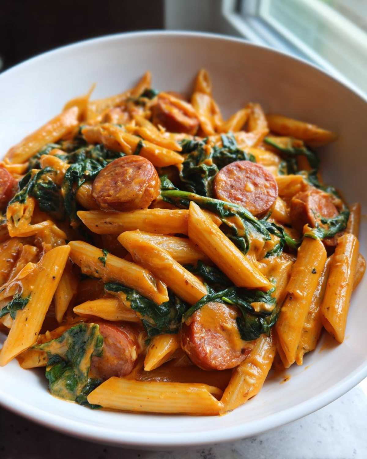 A close-up view of One-Pot Creamy Cajun Sausage Pasta featuring penne, sliced sausage, and wilted spinach in a rich sauce.