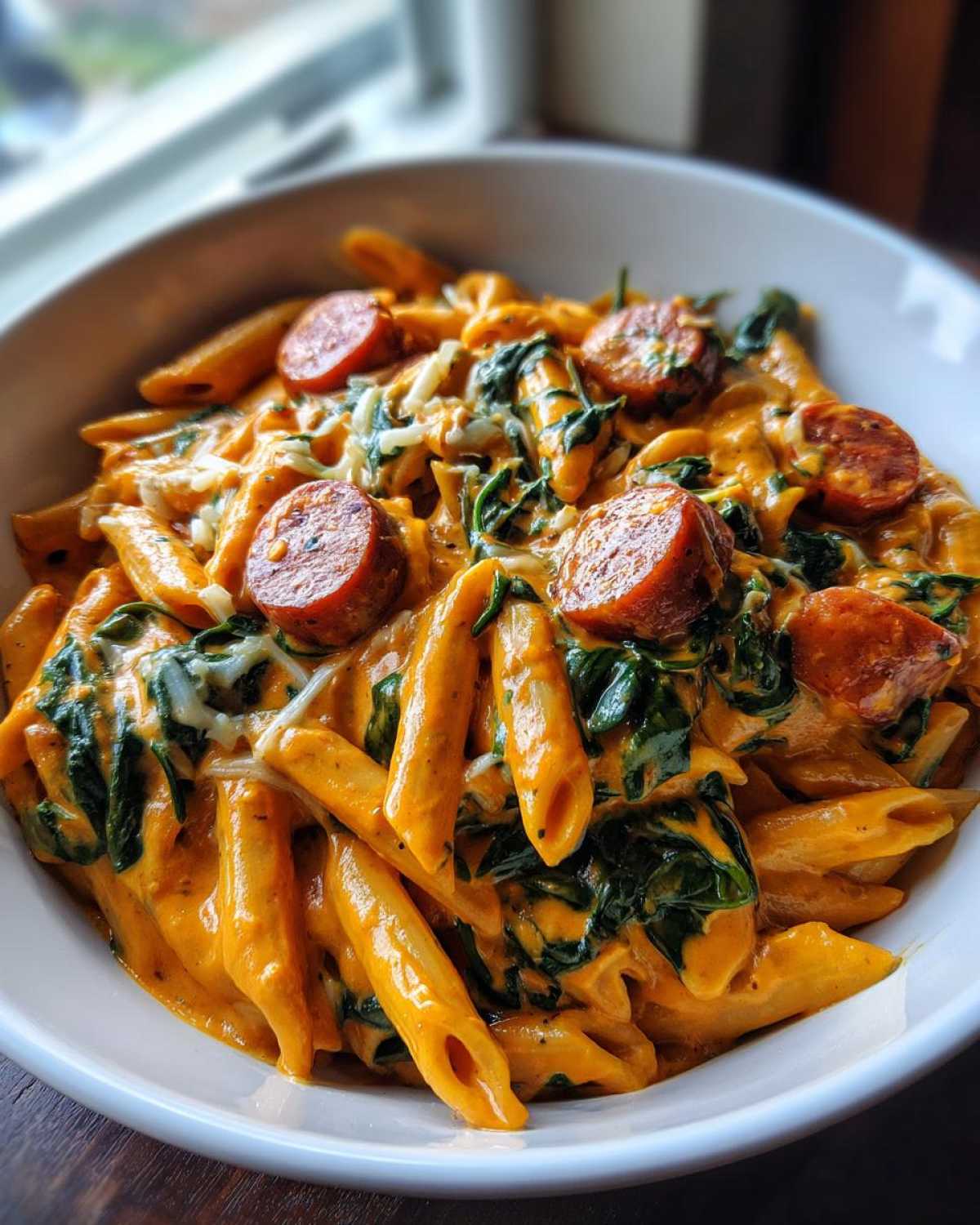 A close-up of One-Pot Creamy Cajun Sausage Pasta featuring penne, spinach, and sliced sausage in a rich orange sauce.