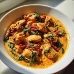 Close-up of One-Pot Creamy Sun-Dried Tomato Chicken chunks in a rich orange sauce with spinach and dried tomatoes.