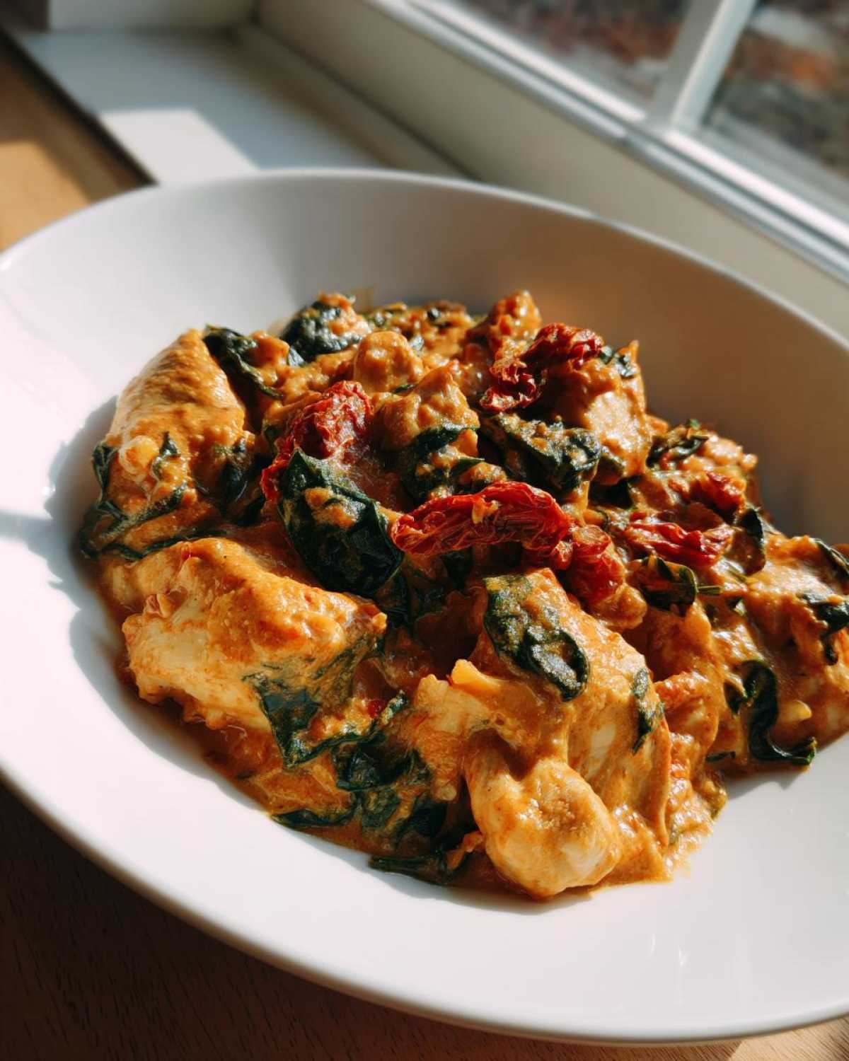 Close-up of One-Pot Creamy Sun-Dried Tomato Chicken with spinach served in a white bowl near a window.