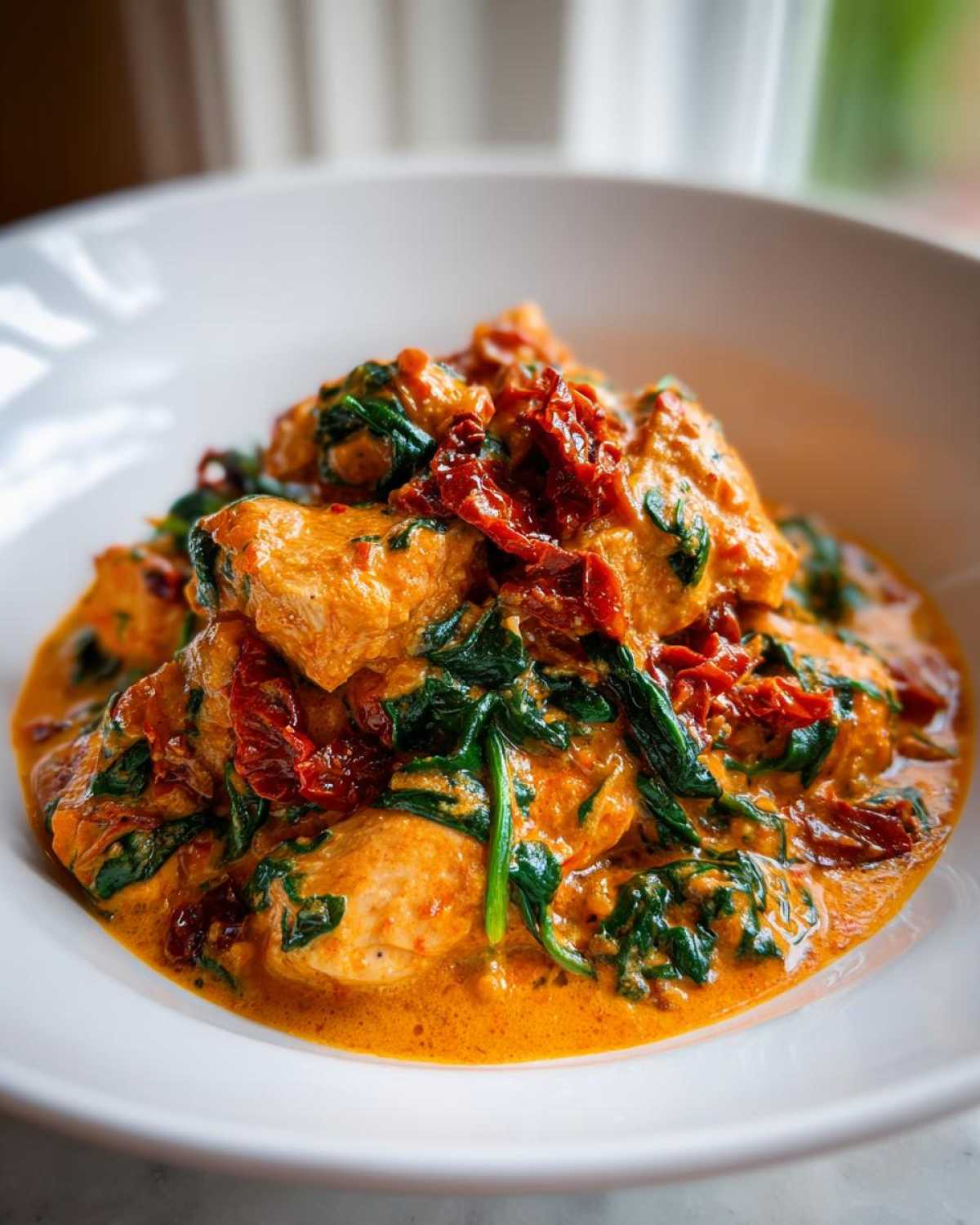 Close-up of One-Pot Creamy Sun-Dried Tomato Chicken with spinach and rich sauce in a white bowl.